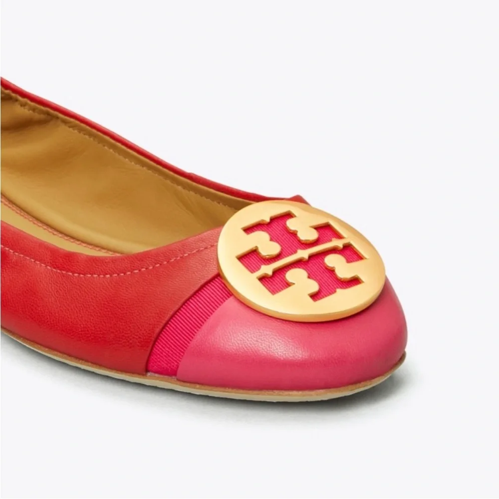 Tory Burch Cap Toe Colorblock Nappa Leather Minnie Ballet Flats Red Azalea Pink